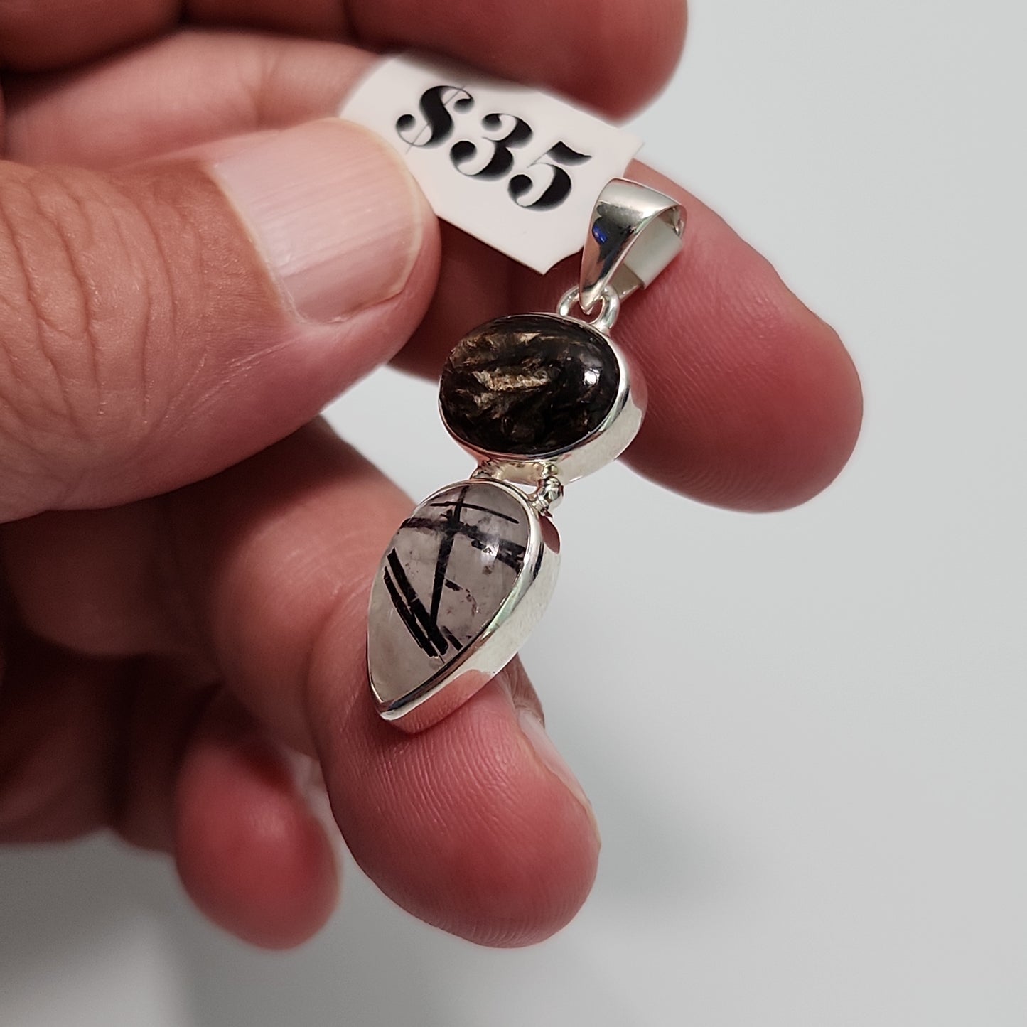 Seraphinite & Black Rutile Quartz Pendant