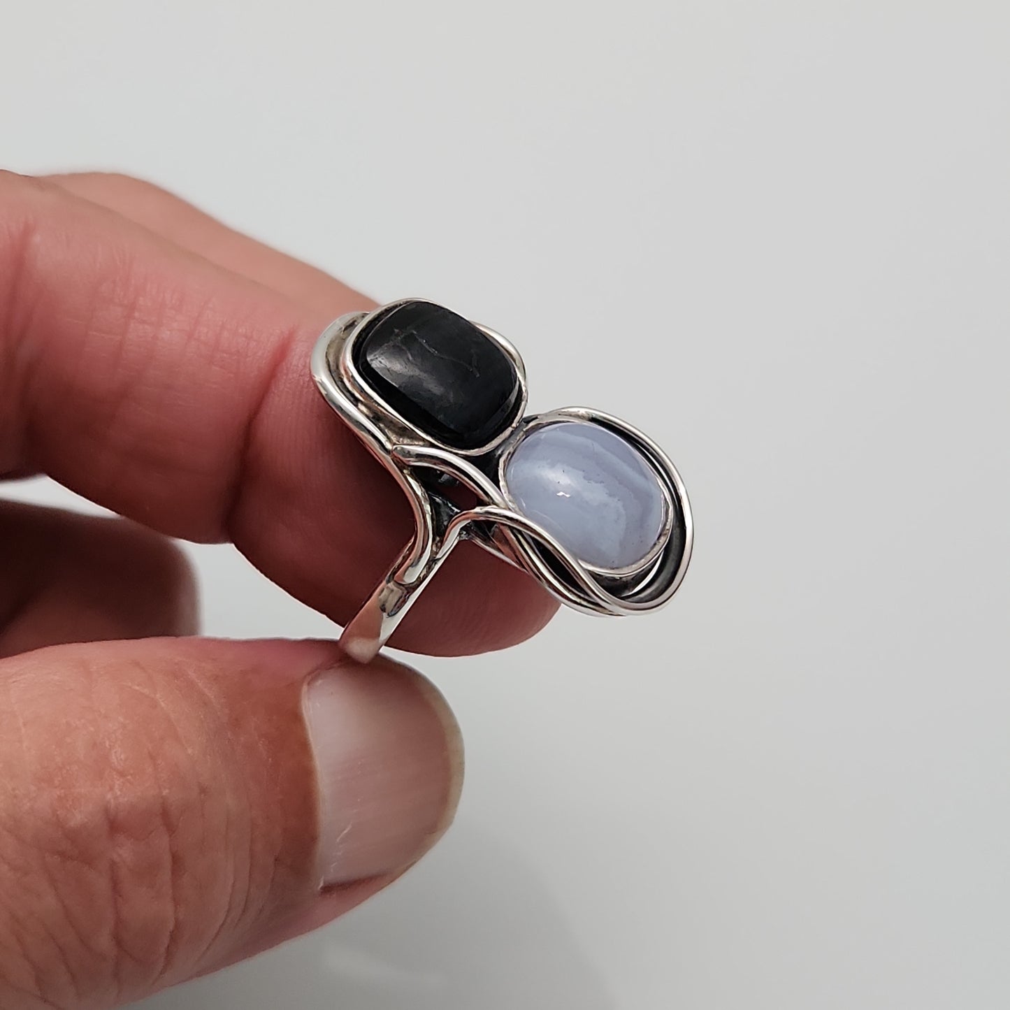 Blue Lace Agate & Blue Tiger Eye Ring sz 7.5