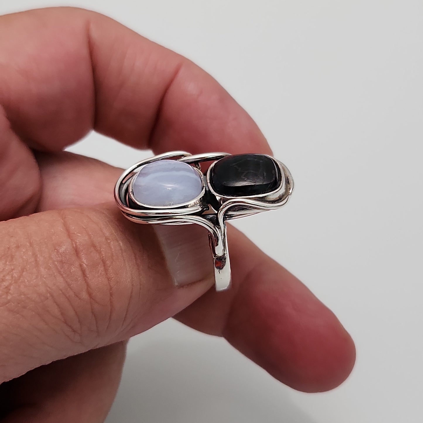 Blue Lace Agate & Blue Tiger Eye Ring sz 7.5