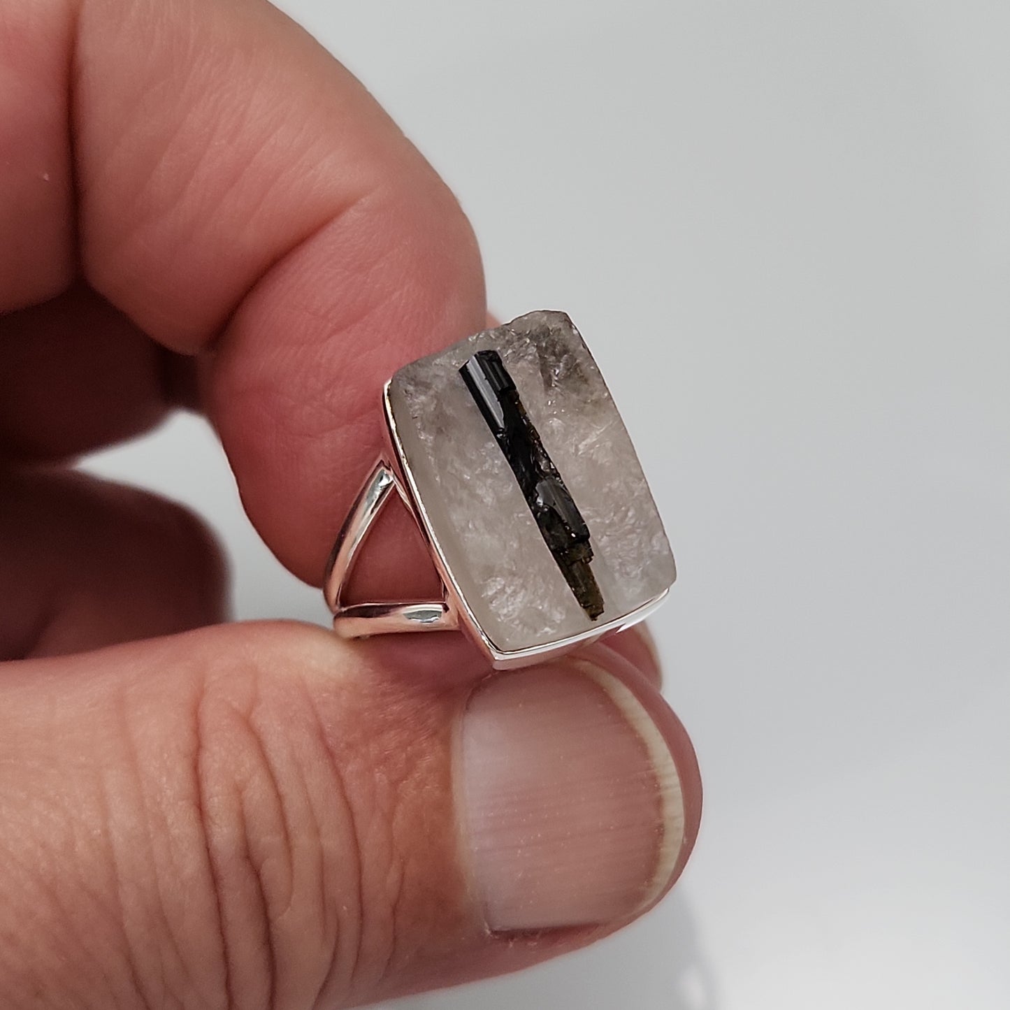 Green Tourmaline in Quartz Ring sz9