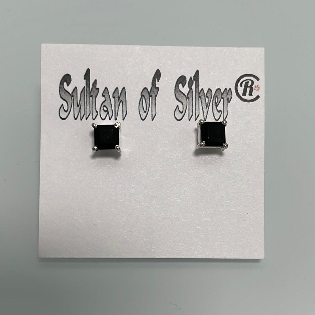 Princess Cut Onyx Sterling Silver Stud Prong Set Post Earrings 5mm