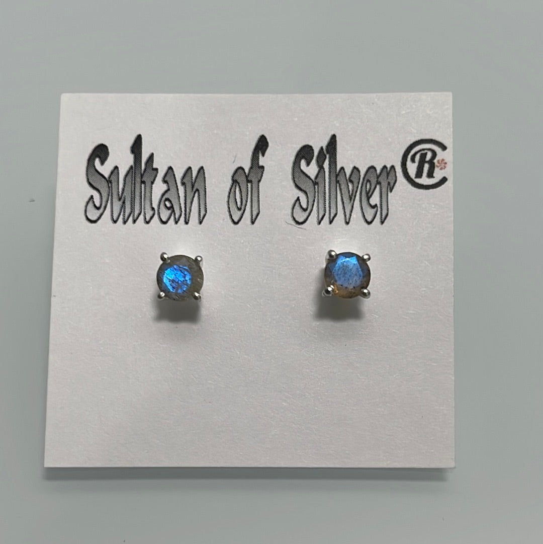 Blue Fire Labradorite Round Sterling Silver Stud Prong Set Post Earrings 5mm