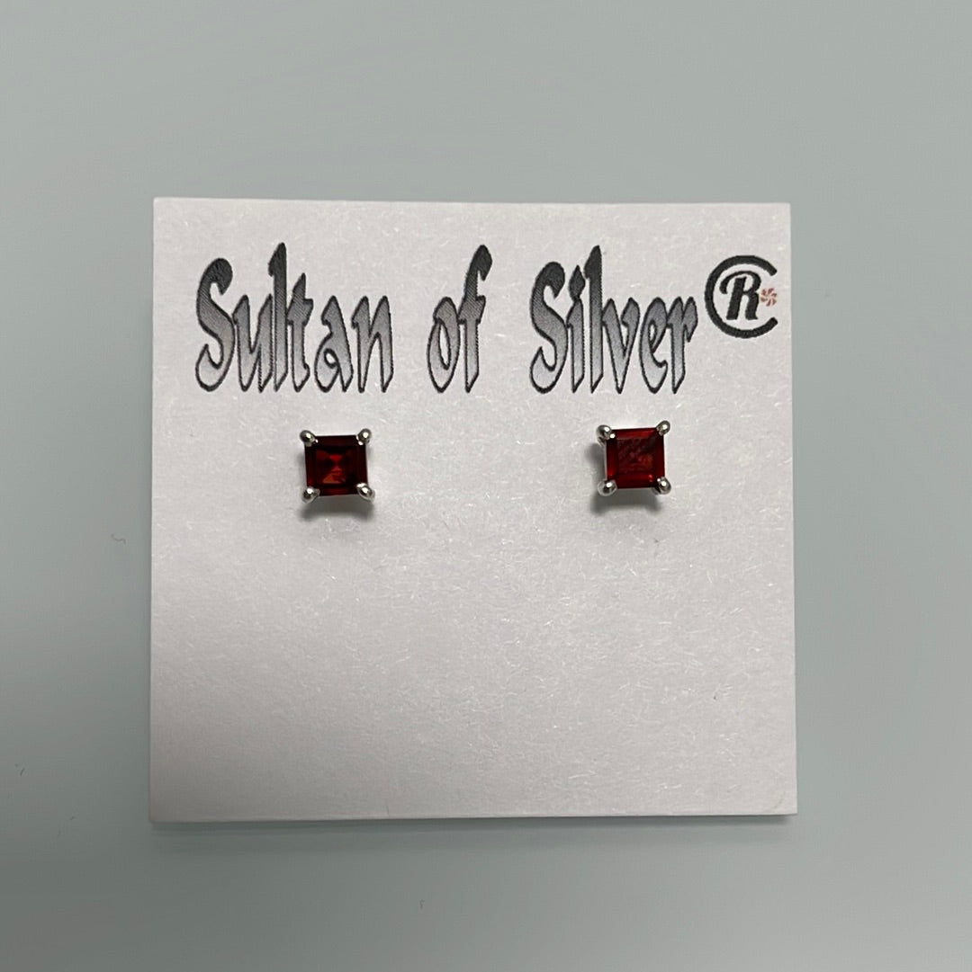 Princess Cut Garnet 4mm Sterling Silver Stud Prong Set Post Earrings