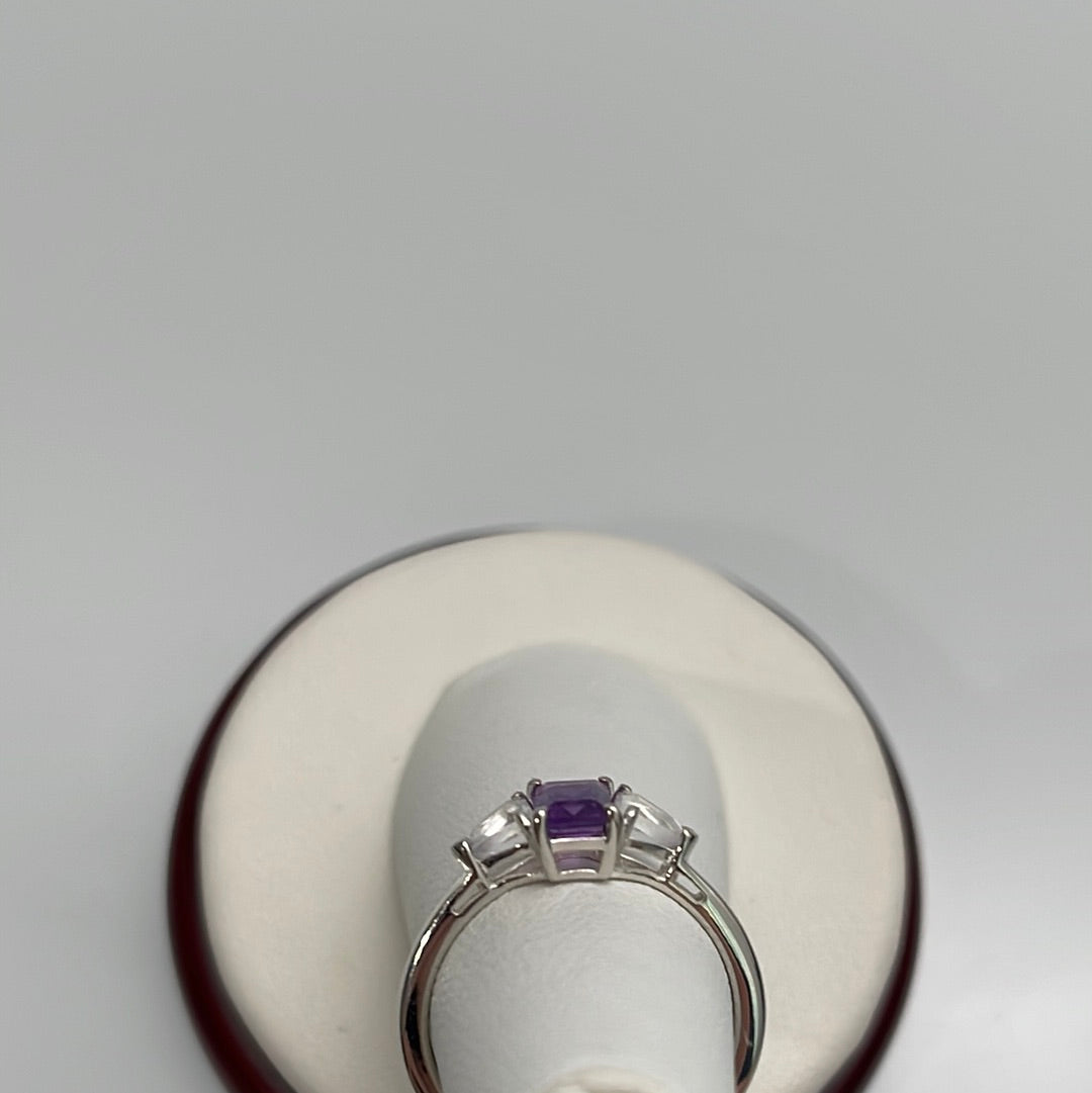 Amethyst and Clear Quartz 3 Stone Setting Ring Sizes 5-11