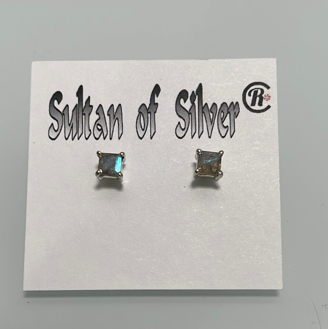 Princess Cut Blue Fire Labradorite Sterling Silver Stud Prong Set Post Earrings 4mm