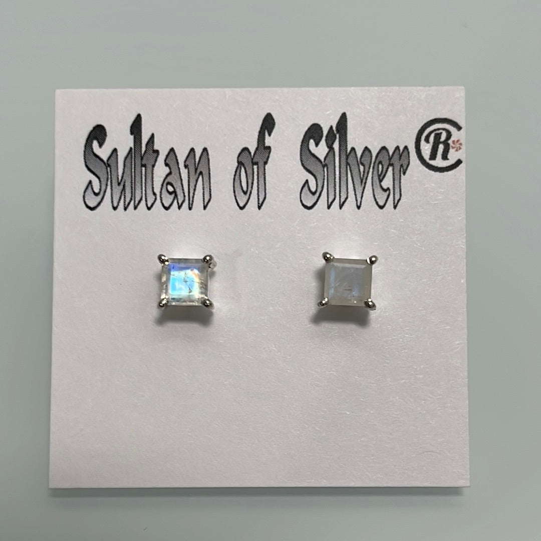 Princess Cut Moonstone Sterling Silver Stud Prong Set Post Earrings 5mm