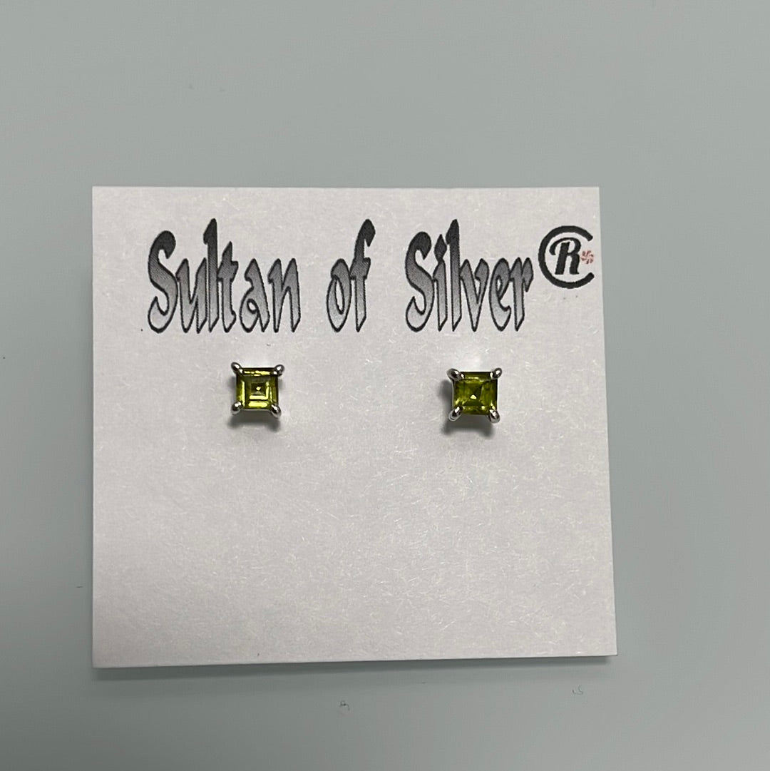 Princess Cut Peridot Sterling Silver Stud Prong Set Post Earrings 4mm