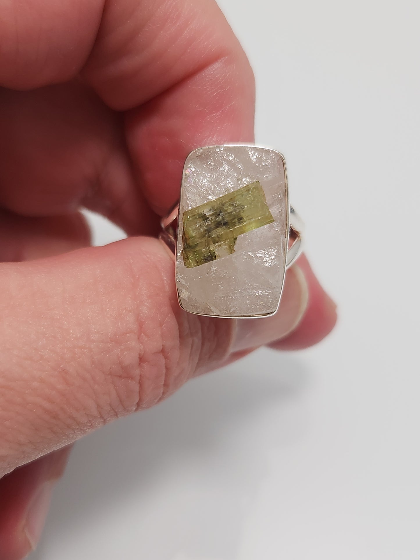 Raw Tourmaline in Quartz Ring sz 9