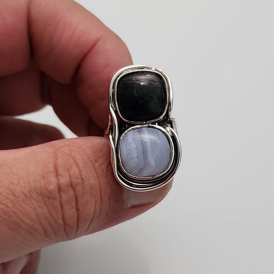 Blue Lace Agate & Blue Tiger Eye Ring sz 7.5