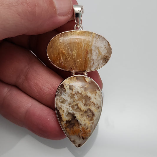 Gold Rutile & Graveyard Plume Agate Pendant