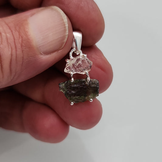 Moldavite and Herkimer Diamond Pendant