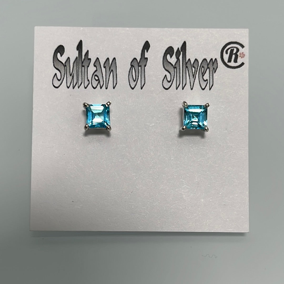 Princess Cut Swiss Blue Topaz Sterling Silver Stud Prong Set Post Earrings 5mm