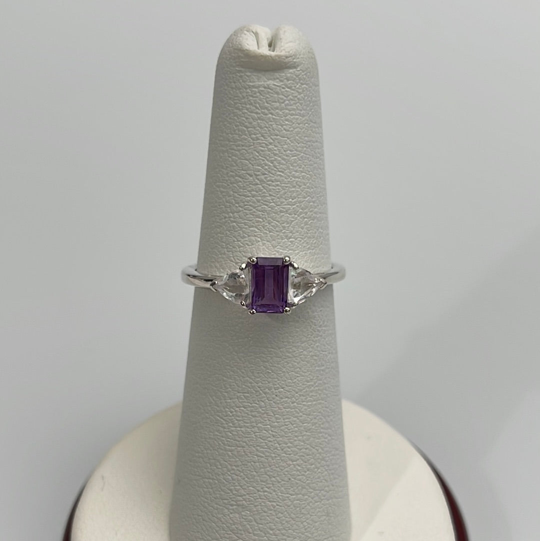 Amethyst and Clear Quartz 3 Stone Setting Ring Sizes 5-11