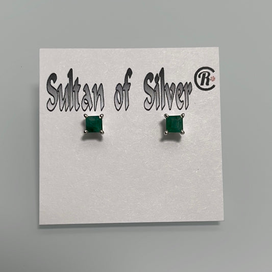 Princess Cut Emerald Sterling Silver Stud Prong Set Post Earrings 4mm