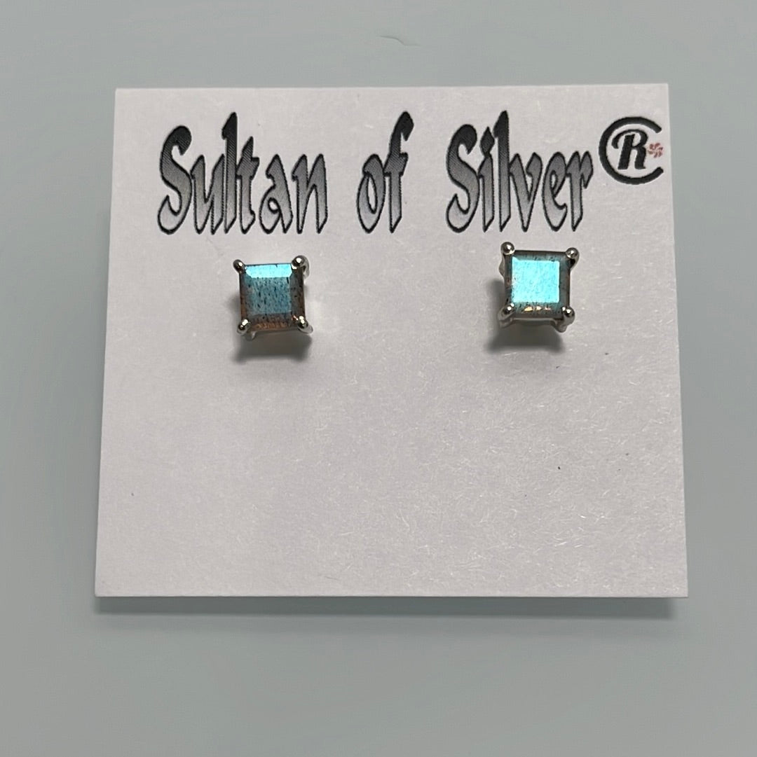 Princess Cut Blue Fire Labradorite Sterling Silver Stud Prong Set Post Earrings 5mm