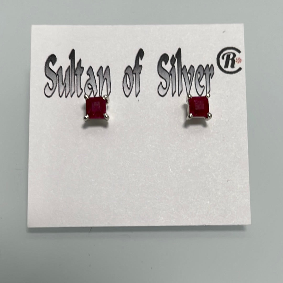 Princess Cut Ruby Sterling Silver Stud Prong Set Post Earrings 4mm