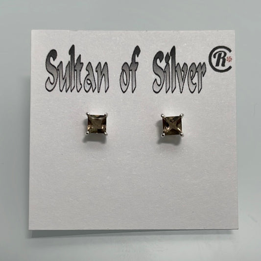 Princess Cut Smokey Quartz 4mm Sterling Silver Stud Prong Set Post Earrings