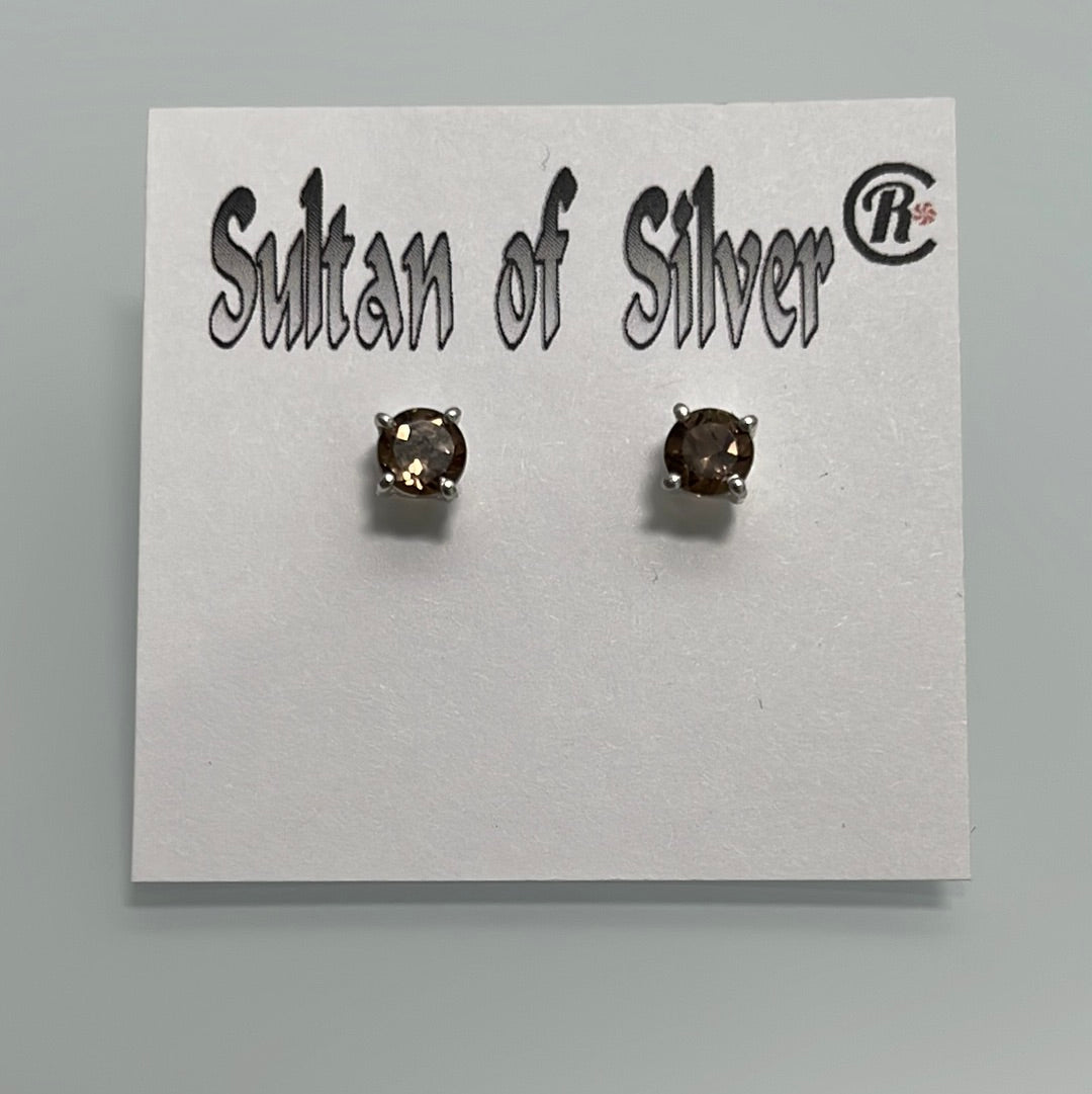 Round Smokey Quartz Prong Stud Post Earrings Set in Sterling Silver 5mm
