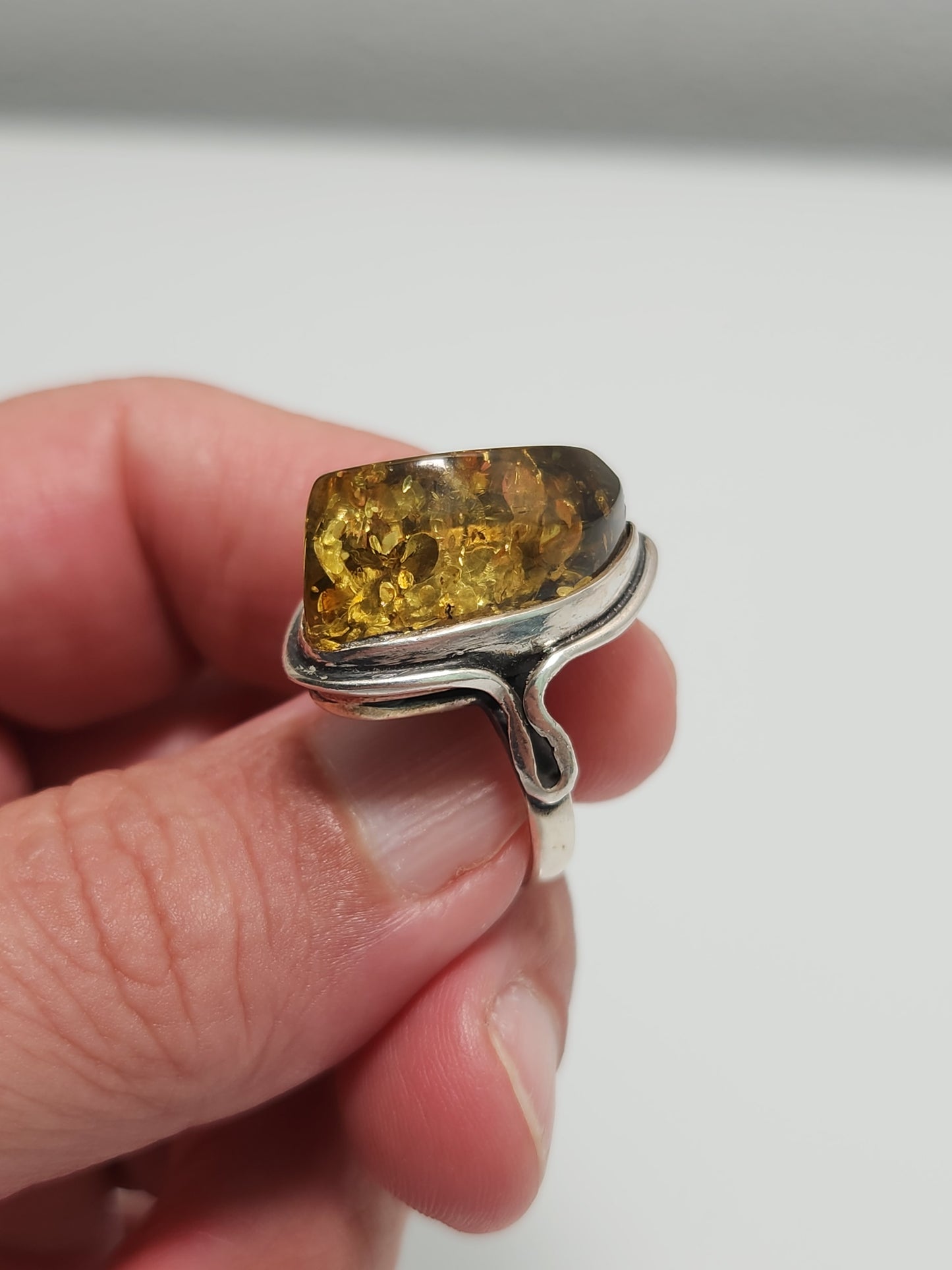 Green Amber Ring sz 6.5