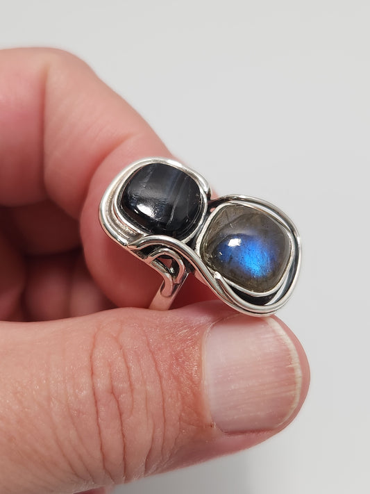 Labradorite & Blue Tiger Eye Ring sz 6