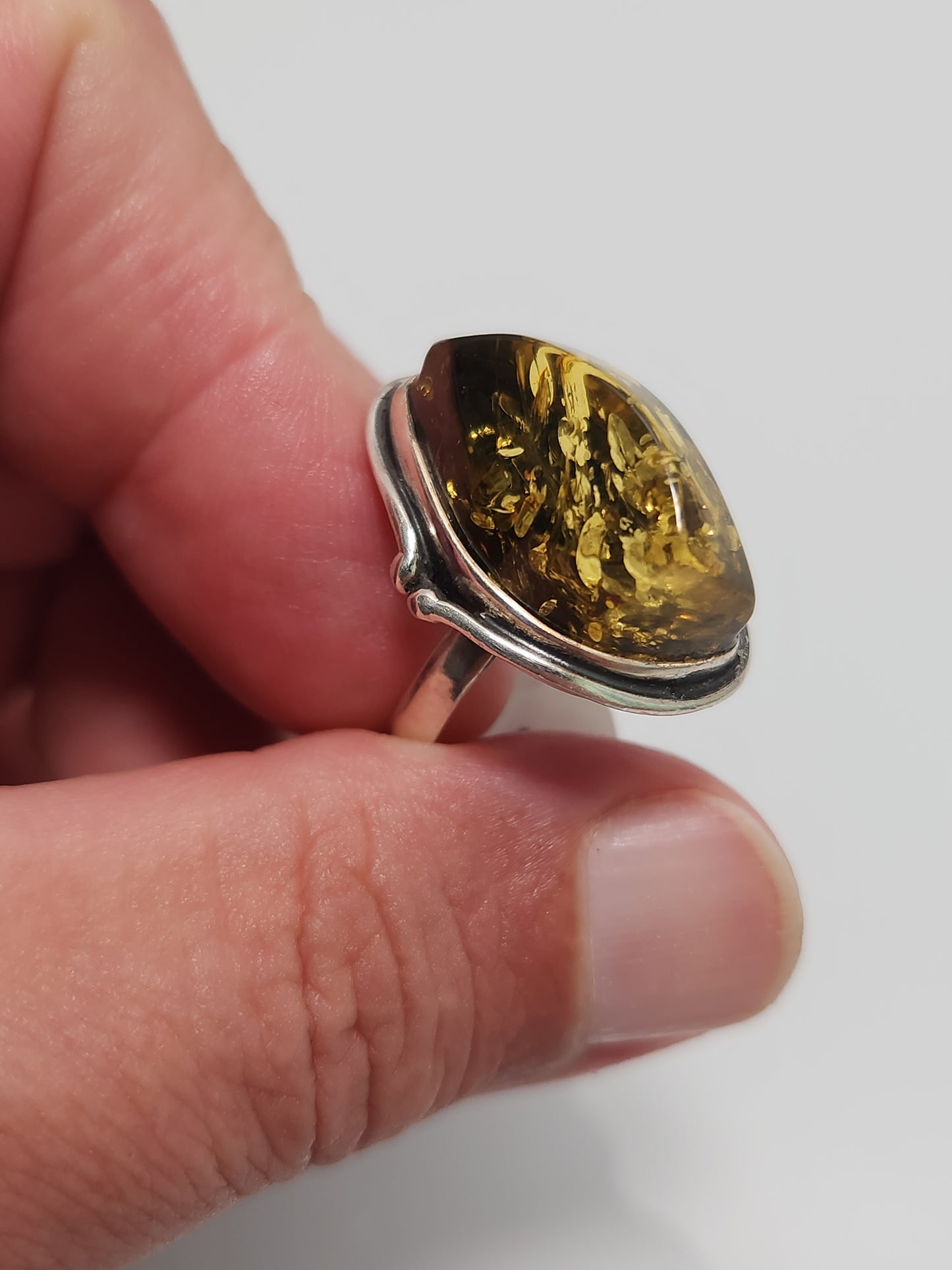 Green Amber Ring sz 6.5