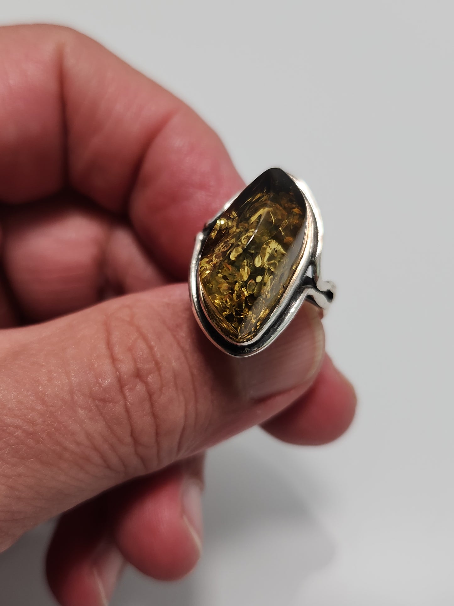 Green Amber Ring sz 6.5